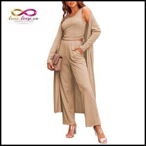 3-Piece Lounge Set with Cardigan, Tank Top, and Pants - S-XXL